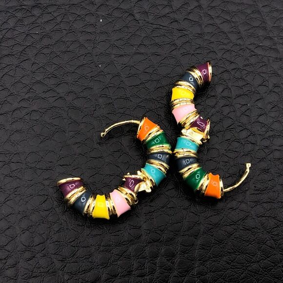 Rainbow Hoop Earrings Retro Multi Color Enamel Gold Tone 80s 90s Style Huggies - Picture 4 of 6